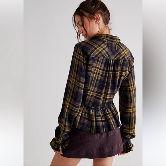 Free People Ruffled Up Blue Plaid Cropped Shirt Jacket M NWT - Picture 3 of 5